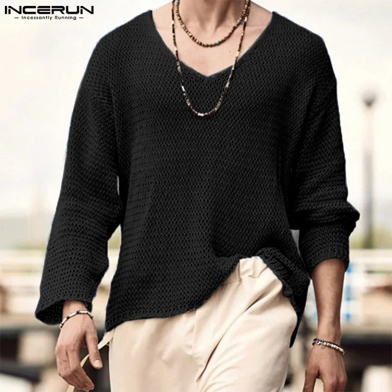 INCERUN Men T Shirt Solid Color Knitted V Neck Long Sleeve Casual Men Clothing Streetwear 2023 Hollow Out Loose Camisetas S-5XL