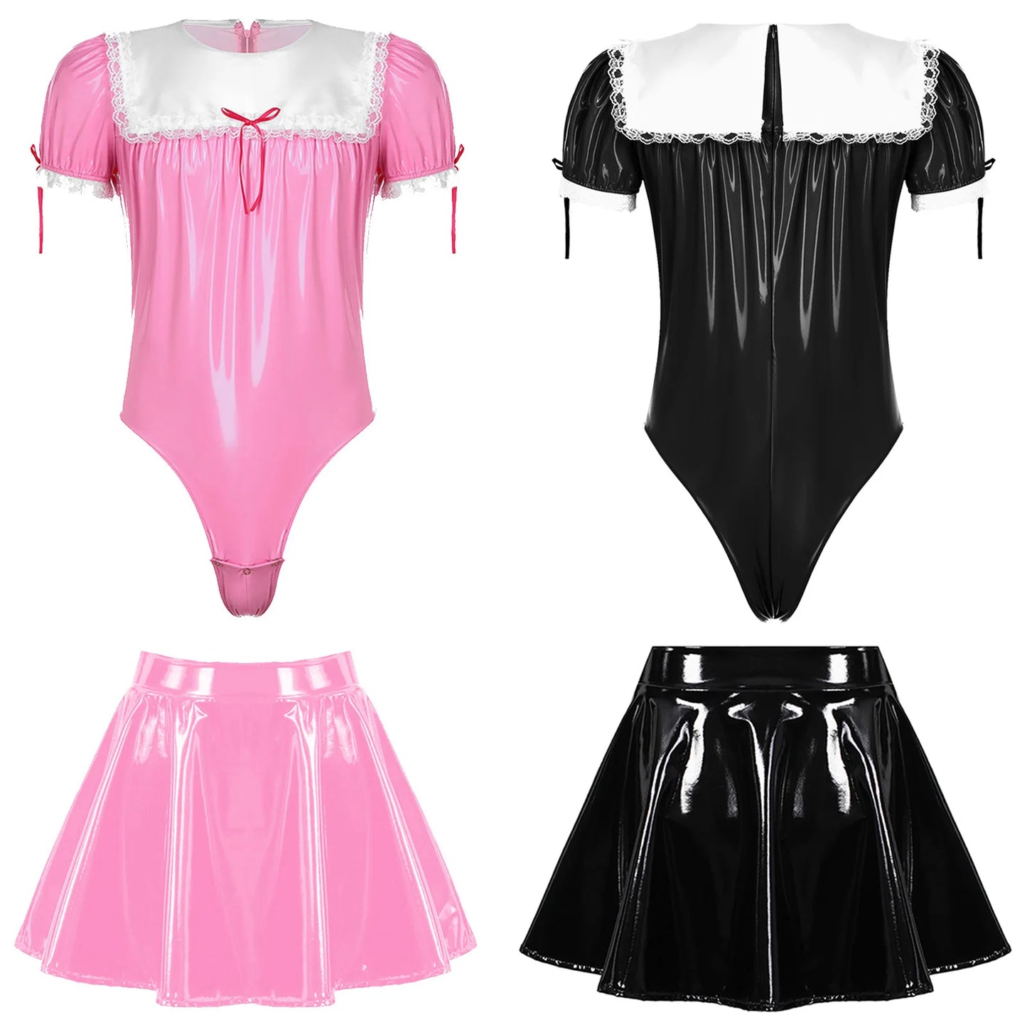 Mens Sissy Crossdresser Maid Cosplay Costume Set Patent Leather Puff Sleeve Lace Trim Zipper Bodysuit with A-Line Flared Skirt