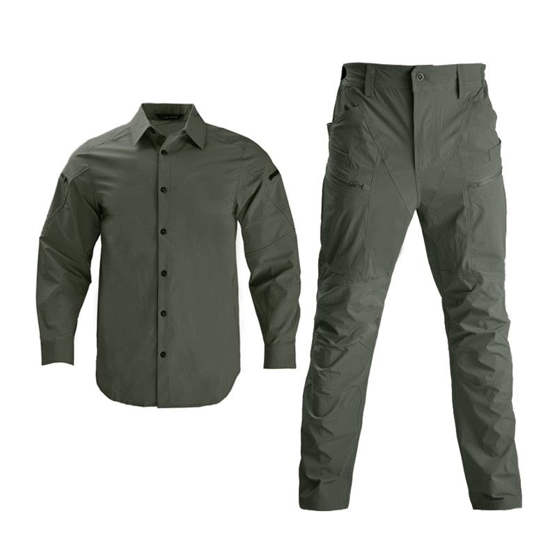 HAN WILD Men Casual Suit Quick Dry Shirt Pants Outdoor Breathable Tactical Shirt Thin  Army Shirt Hiking Training Lapel Shirt