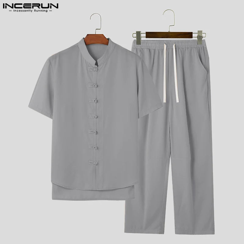 INCERUN Men Sets Solid Color Stand Collar Short Sleeve Shirt & Pants 2PCS 2023 Vintage Chinese Style Men's Casual Suits S-5XL