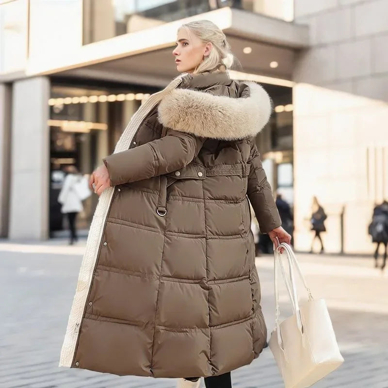 2024 Frauen neue Jacke Parkas Pelz kragen Daunen Baumwoll jacke Winter Kapuze lange Parka warme weibliche gepolsterte Jacke Freizeit Outwear - Blockshop.store