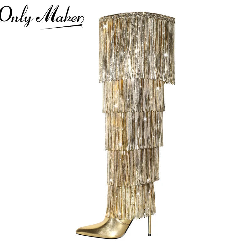 Only maker Frauen spitzen Zehen Gold Fransen Metallic schlank über dem Knie Stiefel Stiletto sexy Tanz Oberschenkel Stiefel