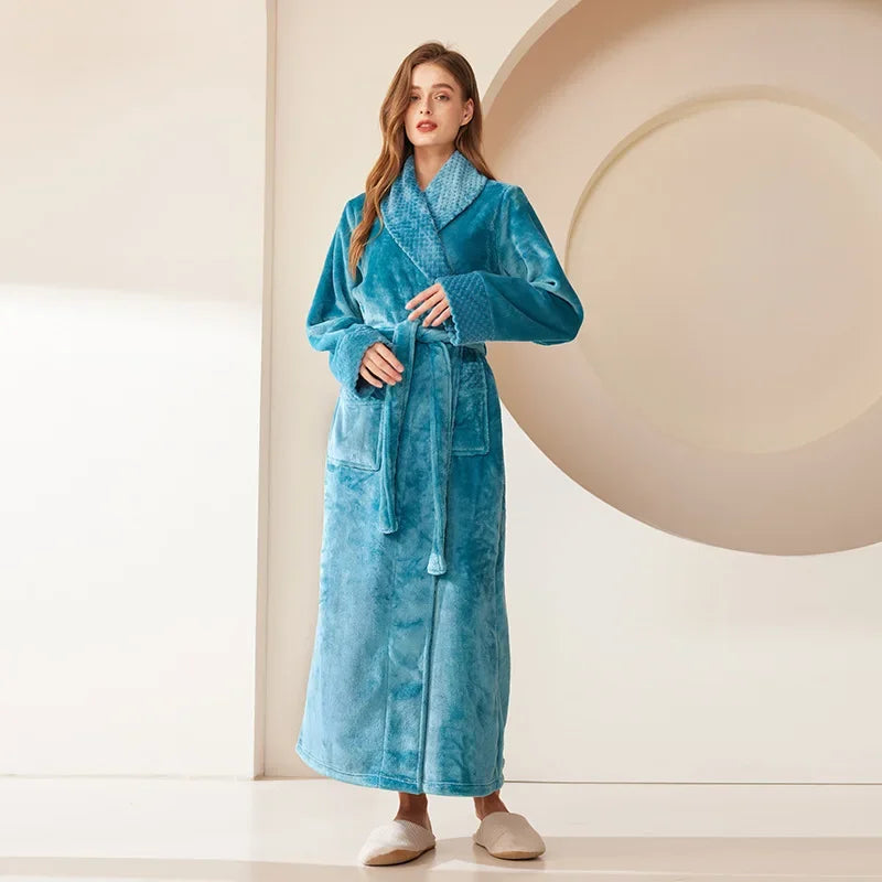 2024 neue Frauen Warme Kimono Roben mit Tasche Flanell Nachtwäsche Verdicken Bademantel Kleid Lose Nachtwäsche Weiche Dusche Nachthemd