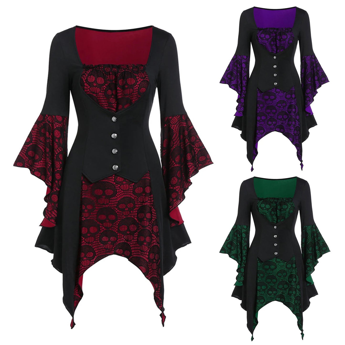 Womens Vintage Dresses Gothic Skull Lace Print Halloween Cosplay Party Dress Long Sleeve Bandage Medieval Renaissance Costumes