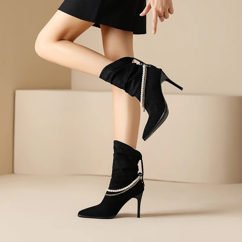 2024 Plus Size gefrostet Float Material String Perlenkette Damen Mid-Calf Stiefel spitze Spitzen ultra hohe schlanke Absätze sexy Stiefel