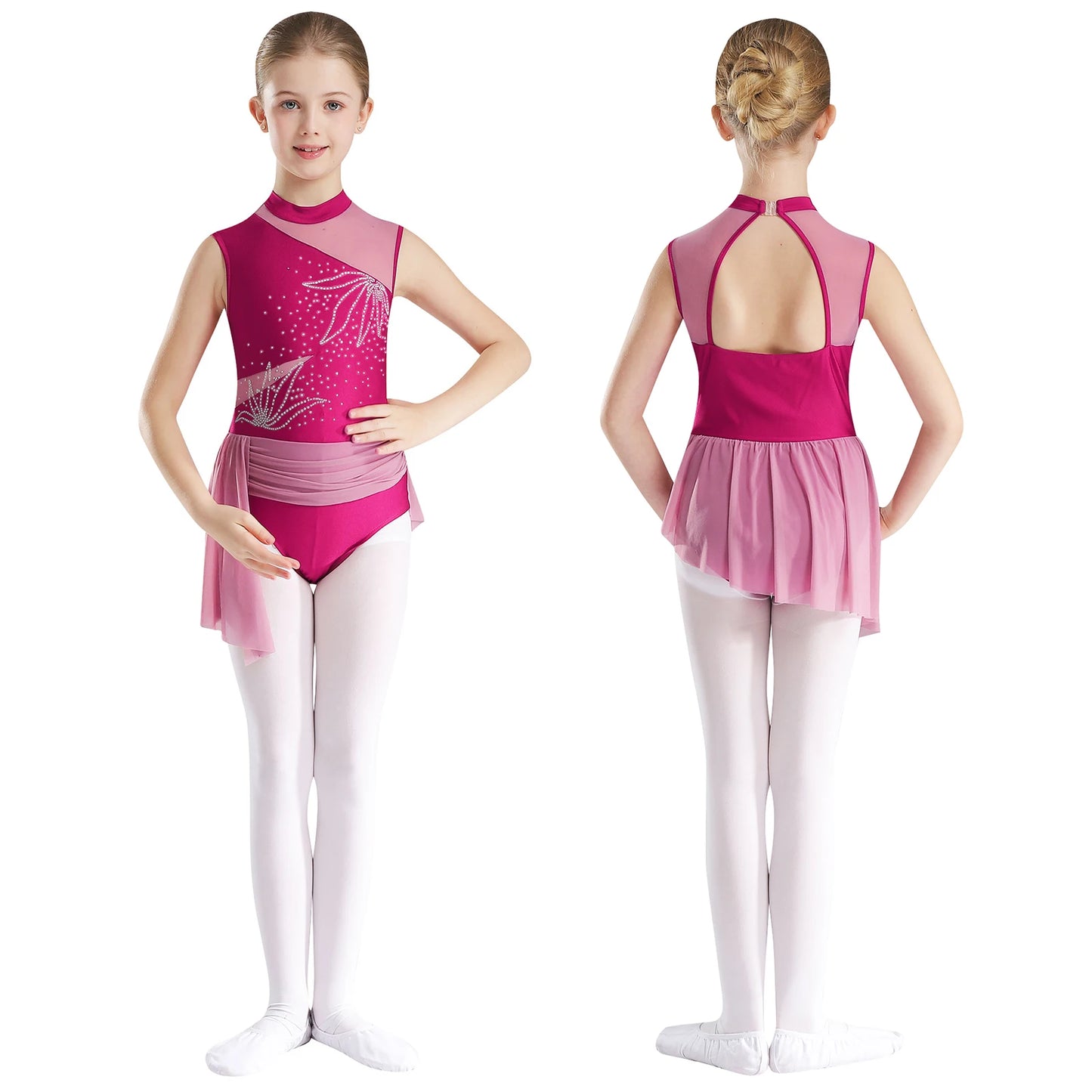 Kinder Mädchen Glitzer Strass Blumen Ballett Tanz unregelmäßiges Kleid Rocked Trikot Gymnastik Bodysuit Ballerina Dance wear