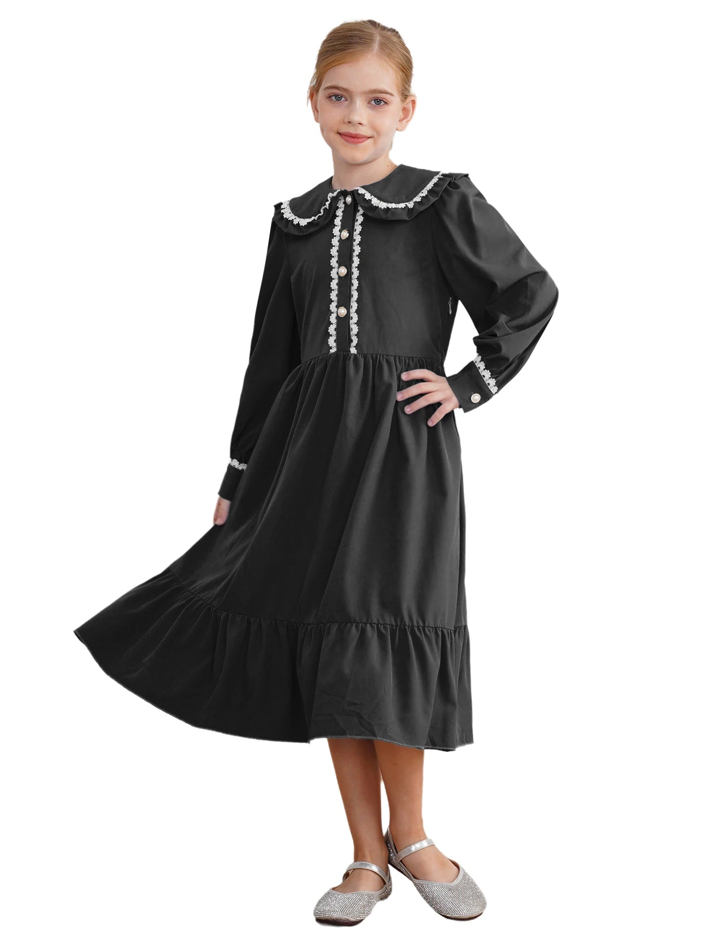 Victorian Girls Long Sleeve Lace Trim Ruffle Dresses Halloween Pioneer Colonial Prairie Costume Pilgrim Cosplay Fancy Dress Up