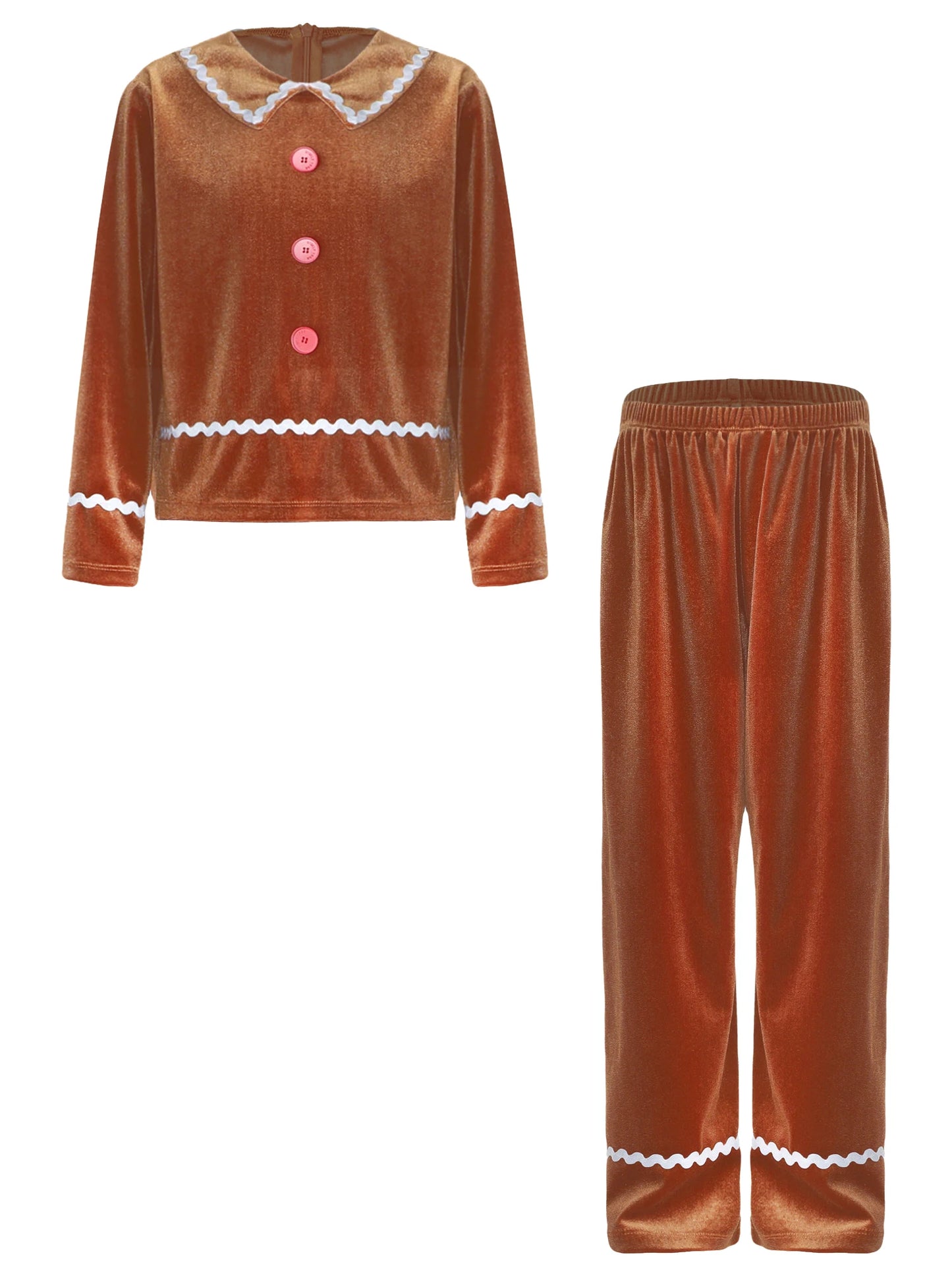 Girls Christmas Gingerbread Man Costume Velvet Long SleeveTop with Pants for Xmas Holiday Cookie Cosplay Dress Up Party