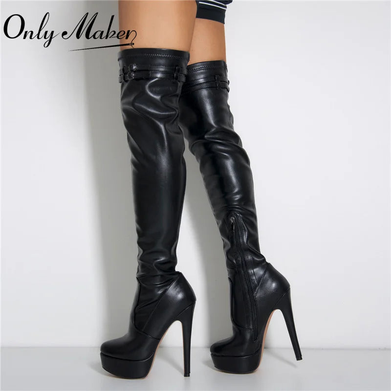 Only maker Frauen Plattform sexy über dem Knie Stiefel Dame High Heels Schnalle mattschwarz matt Winter weibliche Stiefel