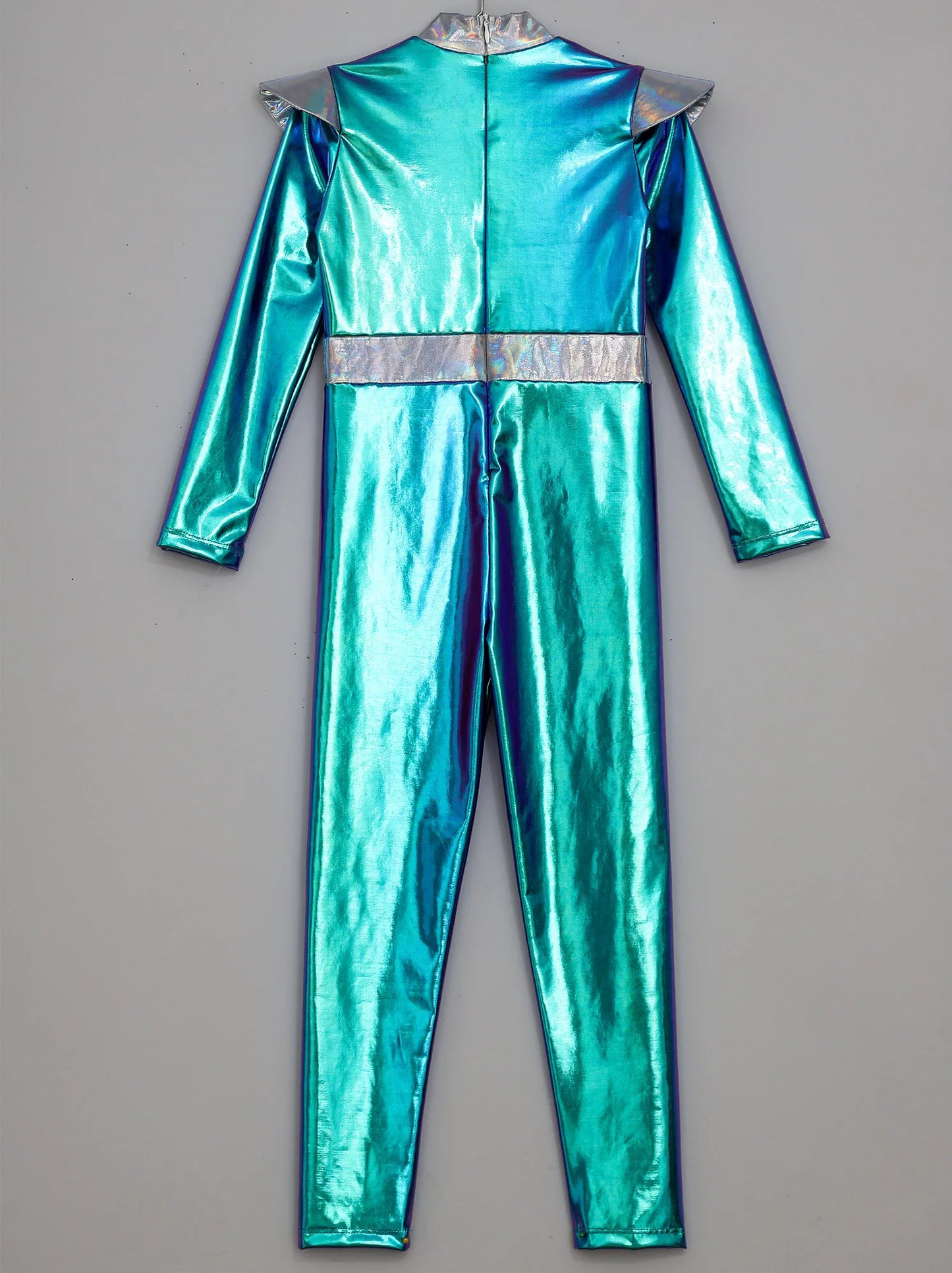 Kinder Mädchen Alien Kostüm Weltraum Kadett Holographische Metallic Ganzkörper Bodysuit Overall Halloween Party Cosplay Dress Up