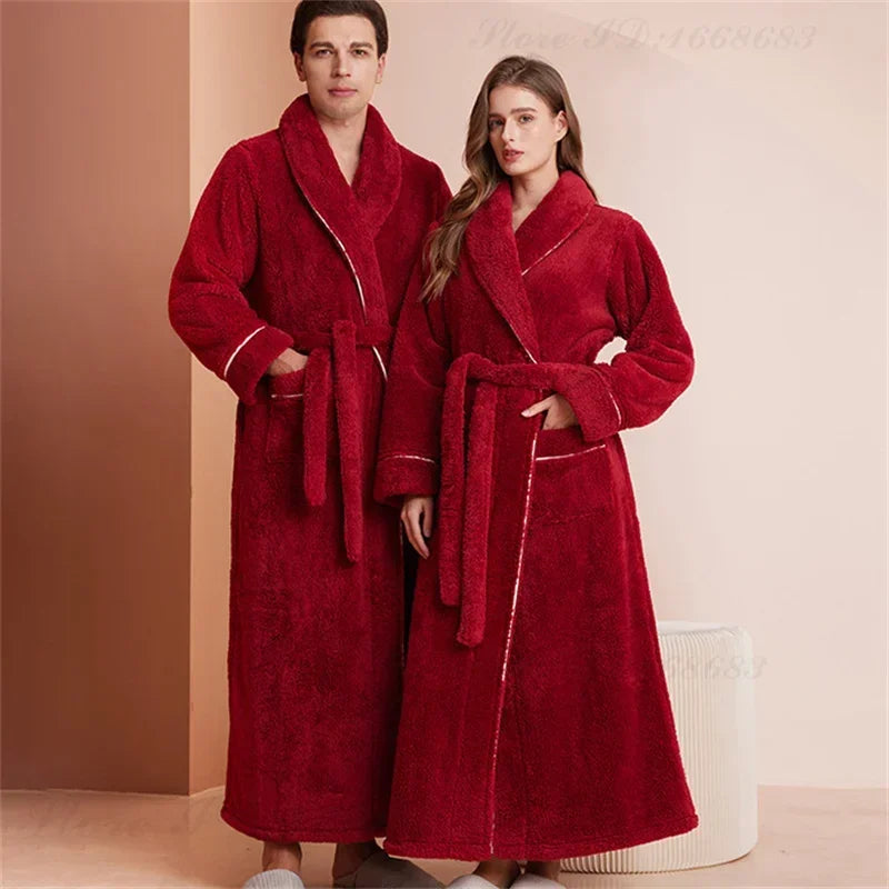 Doppelseitige Verdicken Flanell Herbst Winter Korallen Fleece Paar Lange Robe Hause Kleidung Lange Bademantel Nachtwäsche Lose Loungewear