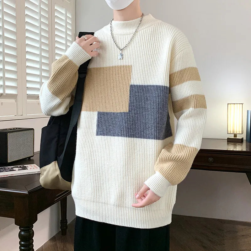 New Fashion Patchwork Knit Pullovers Men Autumn Winter O Neck Loose Warm Knitted Sweater Youthful Vitality Pullover Sweaters Man