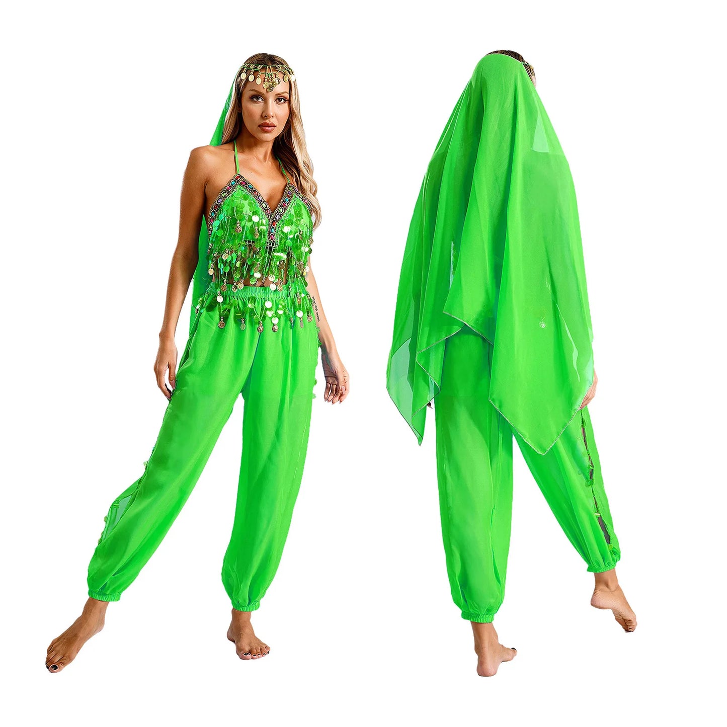 Damen Bauchtanz Prinzessin Kostüm Pailletten Top Harems hose mit Kopfs ch leier für indische Bollywood Halloween Party Bühnen performance