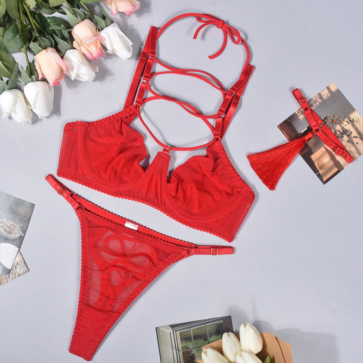 Ellolace Sexy Lingerie Bangdage Bra Brief Set Lace Underwear Women Fancy Tassels Bra Kit Push Up Outfit Seamless Red Exotic Sets