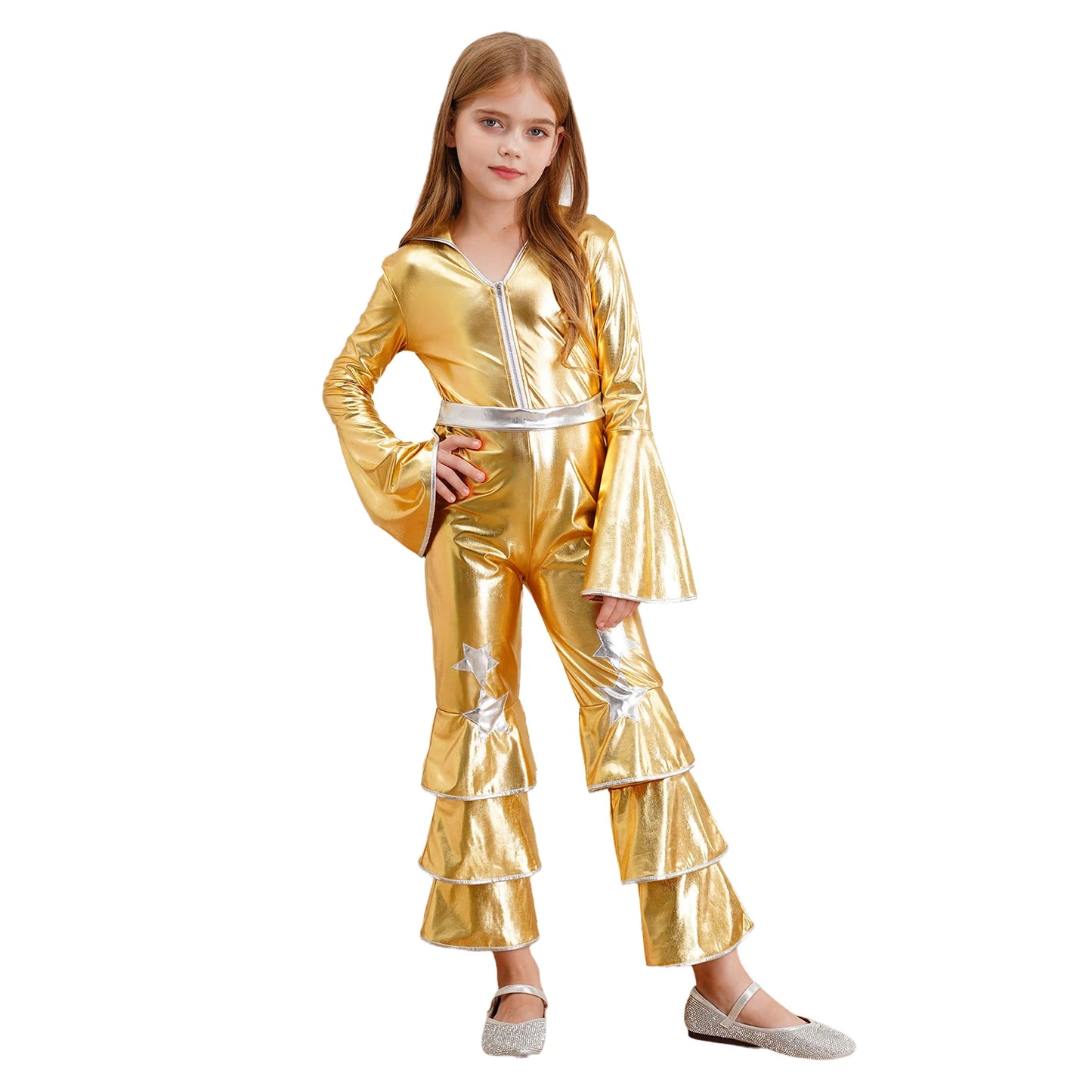 Kids Girls 70s 80s Disco Costume Metallic Flare Sleeve Ruffle Bell Bottom Jumpsuit Halloween Cosplay Funky Dancing Bodysuit