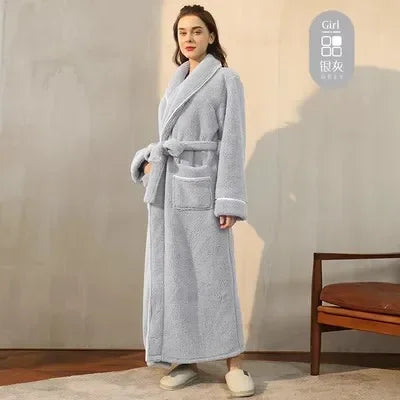 Doppelseitige Verdicken Flanell Herbst Winter Korallen Fleece Paar Lange Robe Hause Kleidung Lange Bademantel Nachtwäsche Lose Loungewear