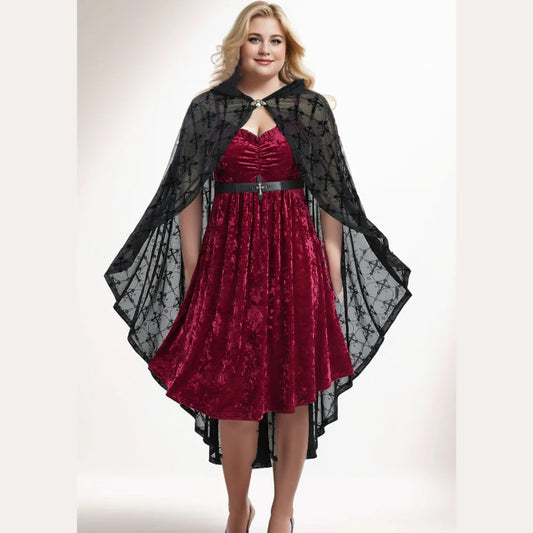 ROSEGAL Damen-Kleid und Umhang in Übergröße mit Gürtel, rote Rüschen, gerüschtes Samt-Cami-Kleid, schwarze Beflockungs-Mesh-Kapuzenponchos