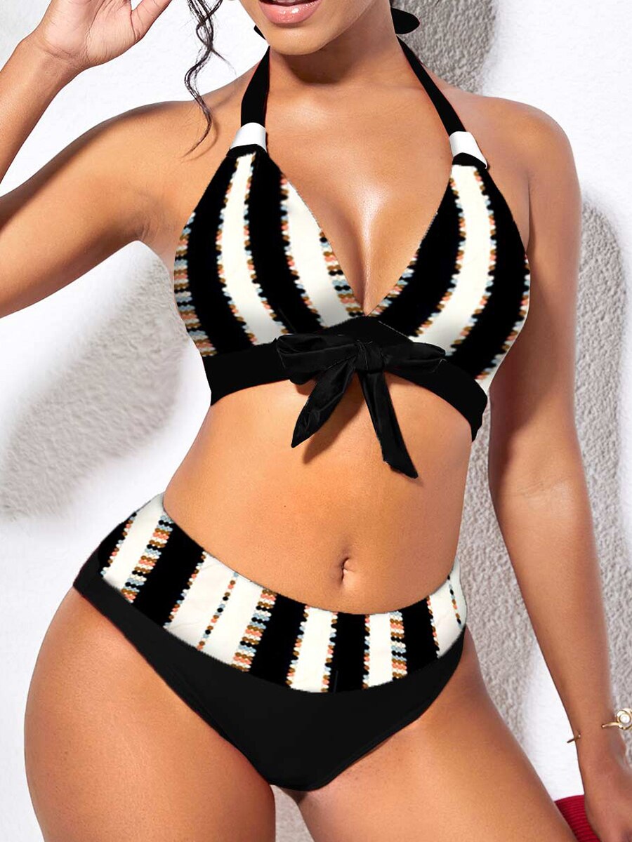 Halter Bikinis 2023 Women Striped Swimwear High Waist Push Up Swimsuit Female Beachwear Summer Tie Front Bathing Suit Swimming