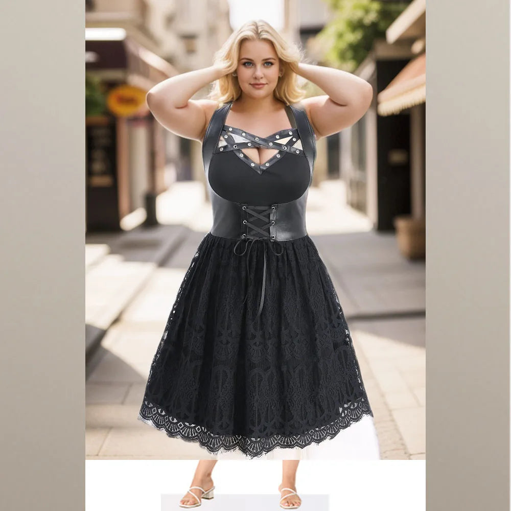 Ros gal Plus Size Gothic Korsett Kleid neue Pu Panel Criss cross Straps Tülle Blumen spitze geschichtete Schnür Party kleider für Frauen