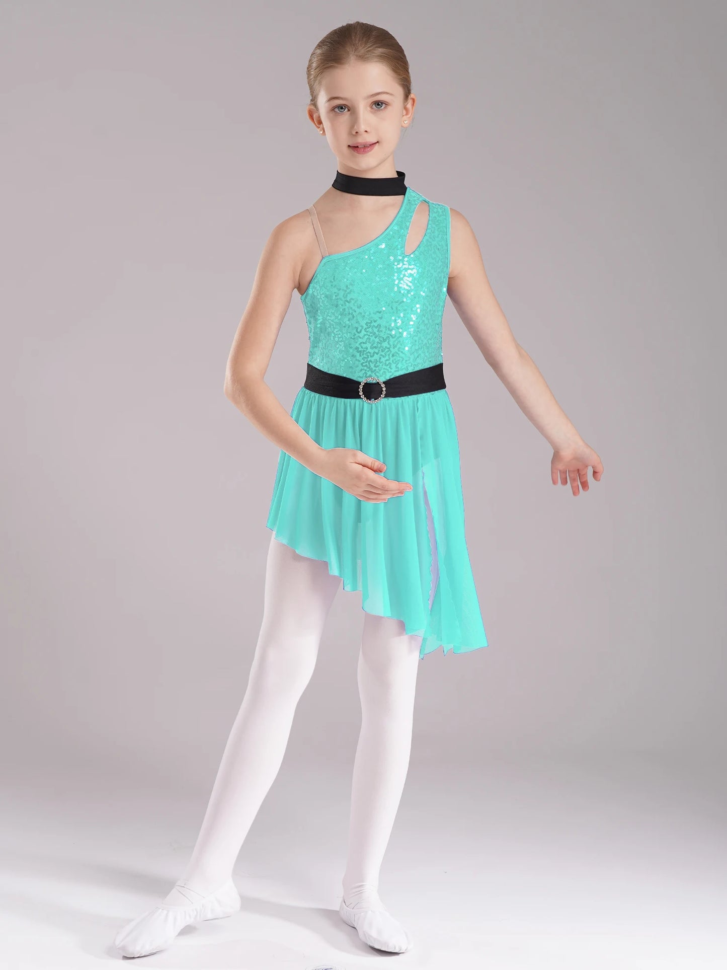 Kids Girls Lyrical Dance Costume Cutout One Shoulder Ballet Asymmetrical Tulle Dress Leotard Modern Contemporary Dancewear