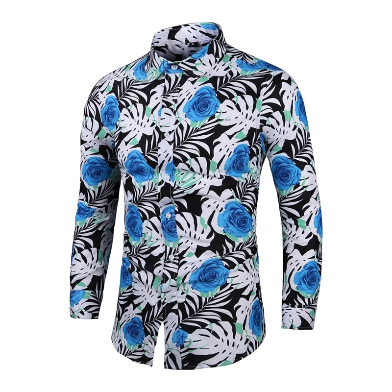 New Fashion Print Shirt Men Long Sleeve Turn Down Collar Casual Shirts Mens Single Breasted Slim Party Holiday Blouse Man 7XL