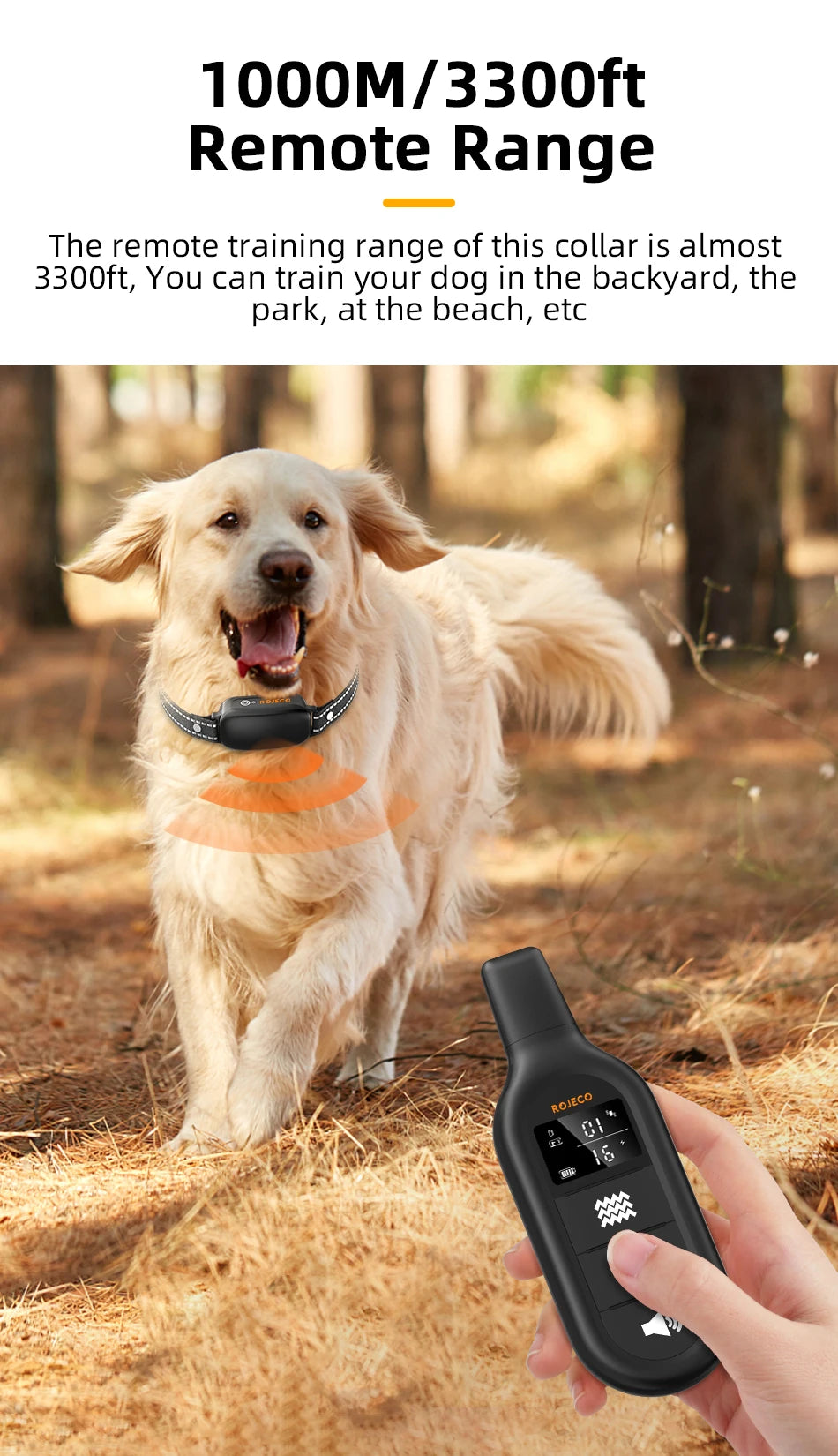 ROJECO Elektrisches Hundetrainingshalsband, digitale wiederaufladbare Fernbedienung, IPX7 wasserdichter Vibrator, Haustierhund, Rinde stoppen, Schockhalsband