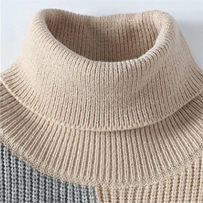 Autumn Winter Fashion Turtleneck Sweaters Men Patchwork Knitted Pullovers Mens Warm Casual Knit Turtleneck Pullover Sweater Man