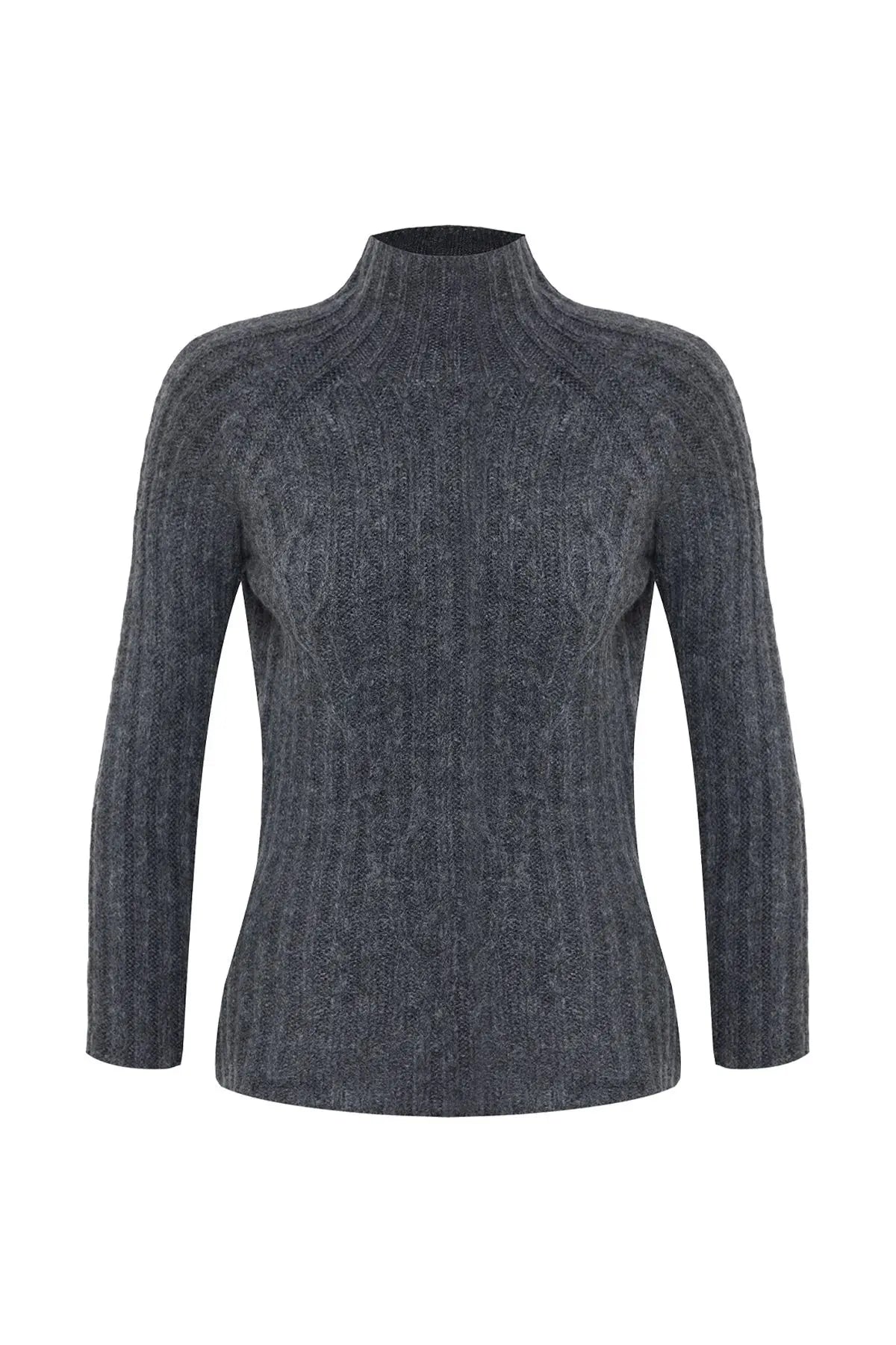 Trendyol TYZA Damen-Pullover, Stehkragen, Zopfmuster, lässige Strickwaren, reguläre Passform, Raglanärmel-Pullover und Pullover