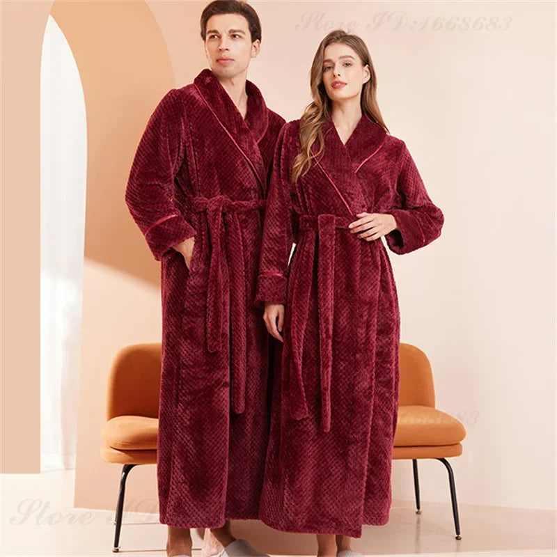 Flanell Lange RobeThicken Warme Kimono Bademantel Hause Kleidung Nachthemd Neue Winter Paar Nachtwäsche Lose Korallen Fleece Lounge Tragen