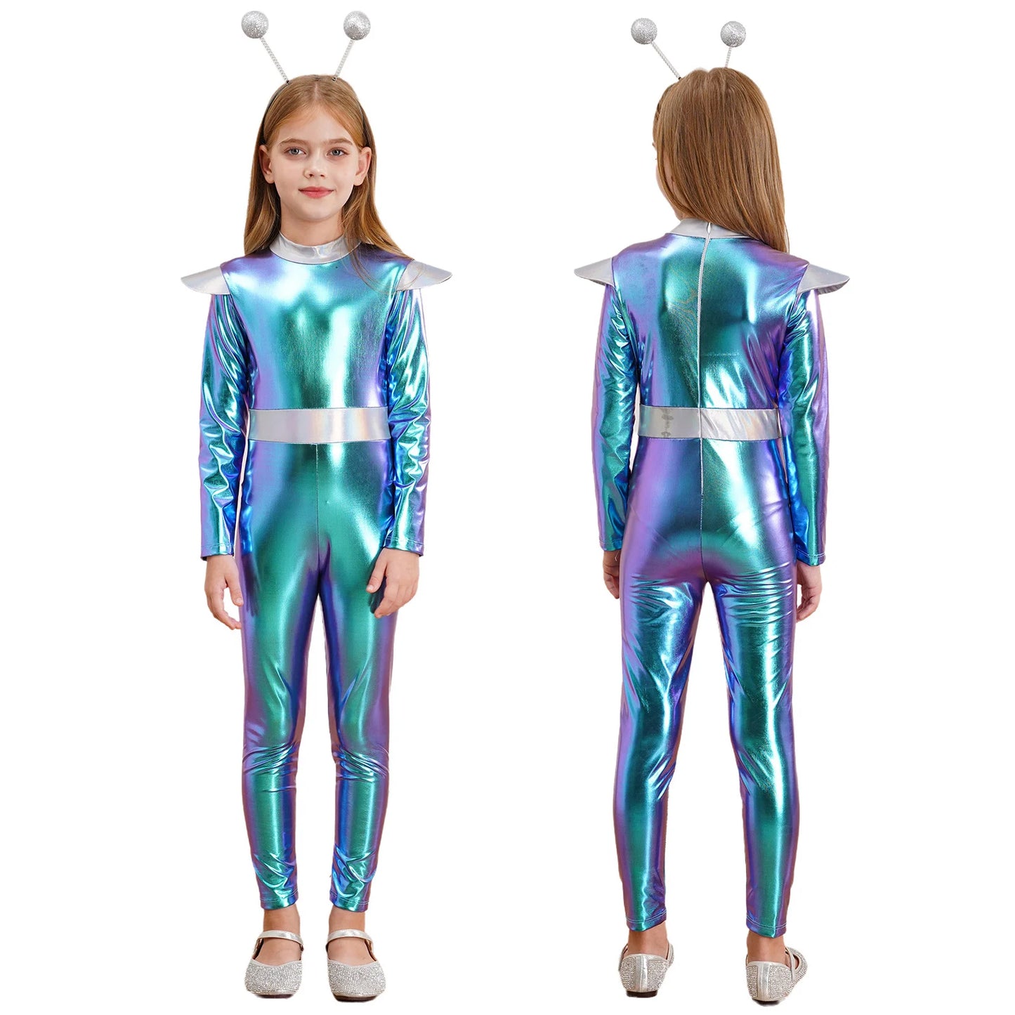 Kinder Mädchen Alien Kostüm Weltraum Kadett Holographische Metallic Ganzkörper Bodysuit Overall Halloween Party Cosplay Dress Up