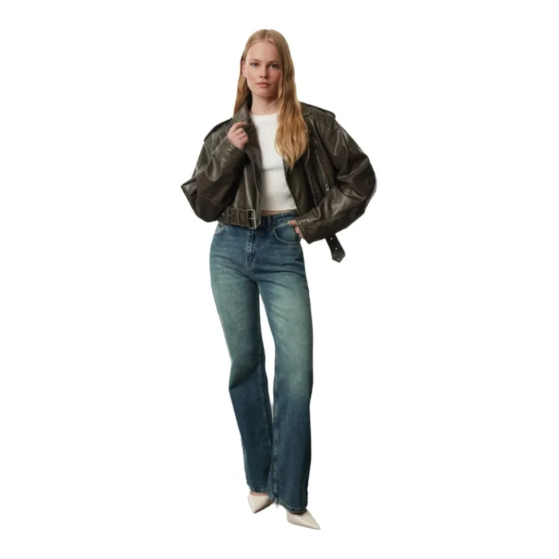 Trendyol TYZA Damen-Jeans, lässig, taschenlos, Denim, einfarbig, weites Bein, Gürtel, Jeans, weites Bein, Freizeithose