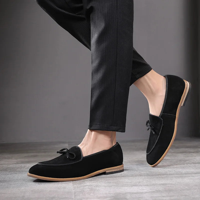 Men's Casual Shoes Nubuck Genuine Leather Men Trendy Bowknot Party Wedding Loafers Flats Mens Driving Moccasins EUR Sizes 38-48