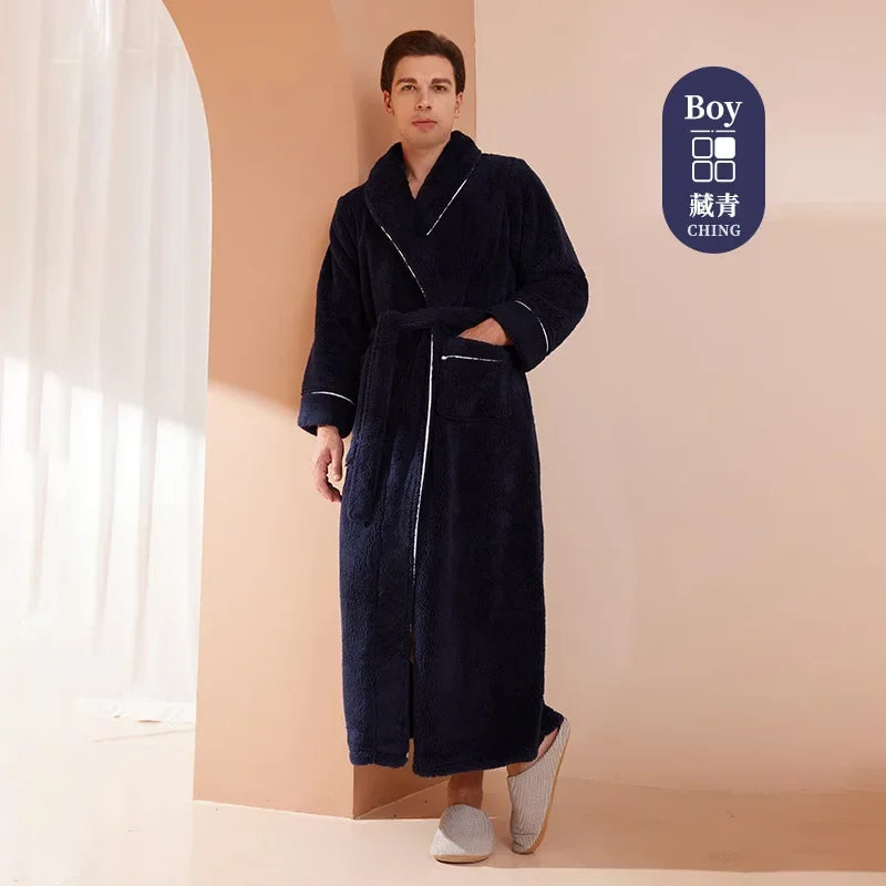 Doppelseitige Verdicken Flanell Herbst Winter Korallen Fleece Paar Lange Robe Hause Kleidung Lange Bademantel Nachtwäsche Lose Loungewear