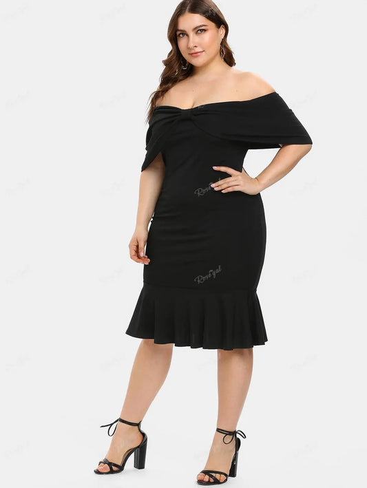 Rosegal Plus Size Rüschen von der Schulter Bogen Meerjungfrau Kleid schwarze Frauen sexy Schleife gebunden Bodycon Kleider Festival lässig Vestidos