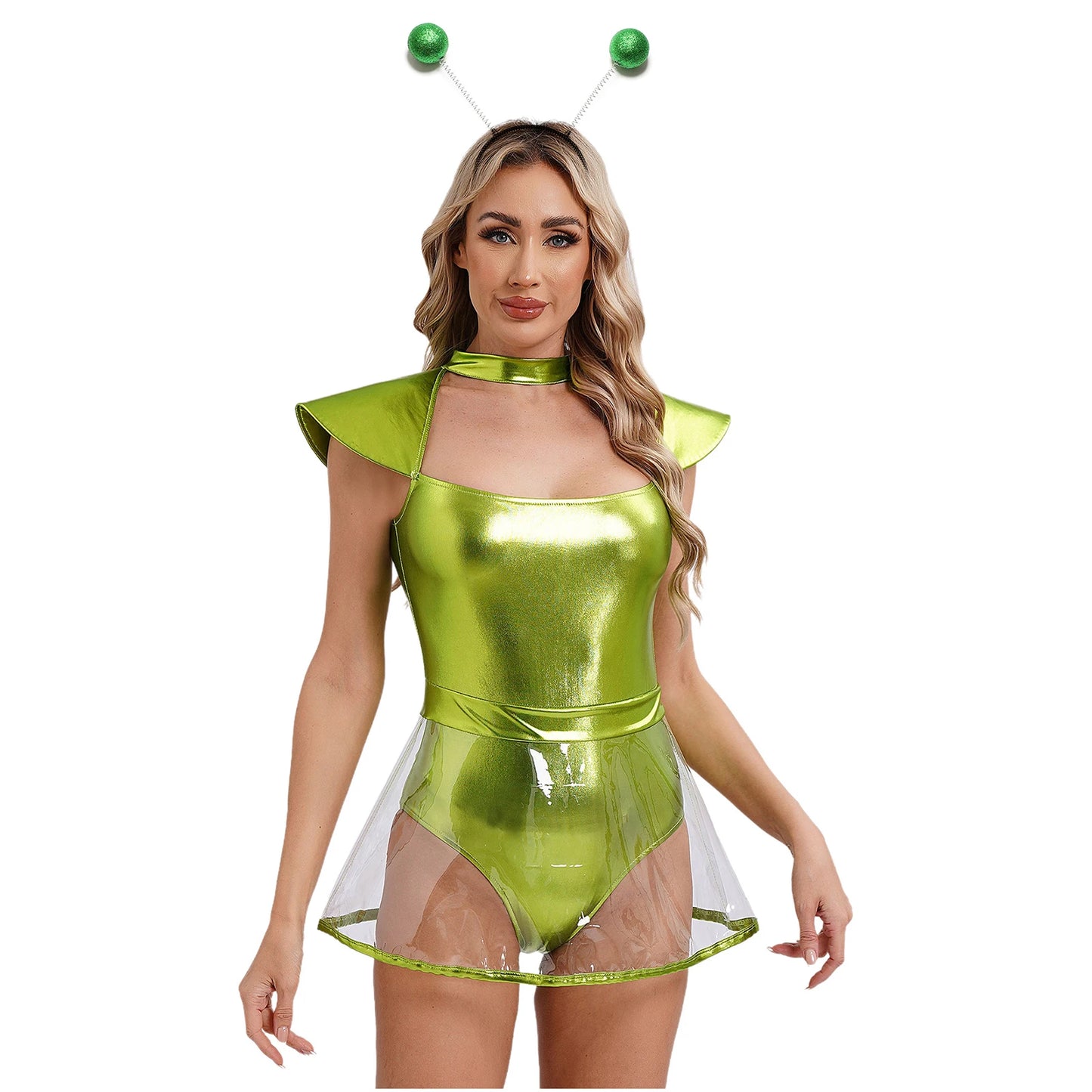 Frauen Weltraum Alien Kostüm Metallic Ausschnitt Rock Trikot Bodysuit außer irdische Halloween Cosplay Party verkleiden