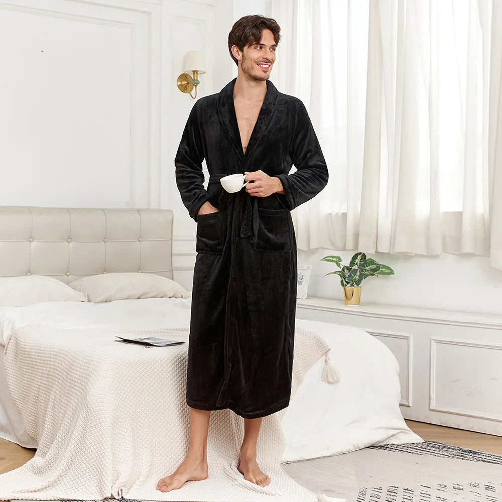 Herren Robe Flanell Kimono Nachtwäsche Lose Winter Homewear Bademantel Kleid Dusche Einfarbig Nachtwäsche mit Tasche Loungewear