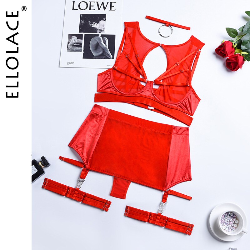 Ellolace Red Lingerie 5-Pieces Fancy Underwear Sexy Women Uncensored Transparent Bra Garters Briefs Sets Bandage Sex Outfits