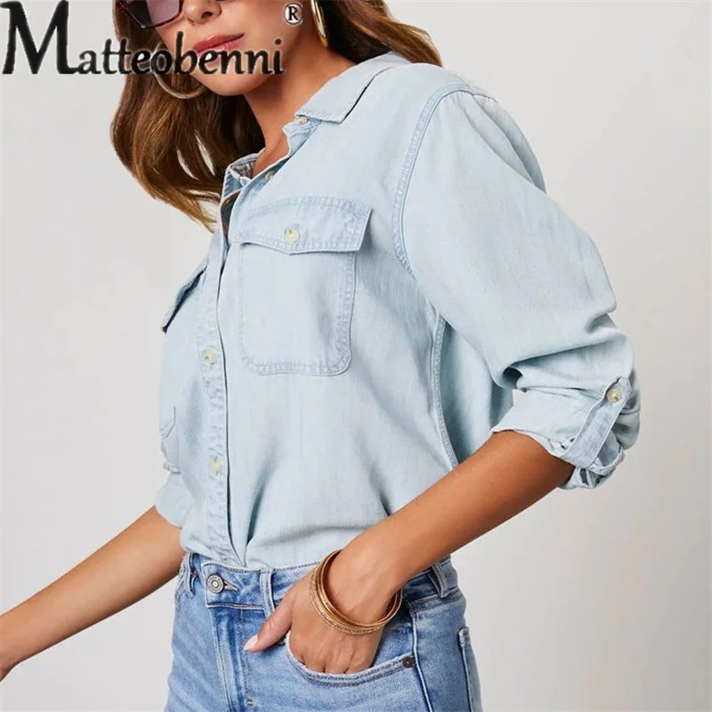 Herbst dünne Jeans hemd Damen einreihige Spleiß tasche Langarm Revers Tops Damen bequeme Pendler lässige Bluse