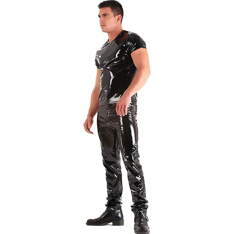 Men's Shiny Patent Leather Pants Mid Waist Faux Latex Trousers Wet Look Stretch PU Bodycon Pants Man PVC Clubwear Costume Custom