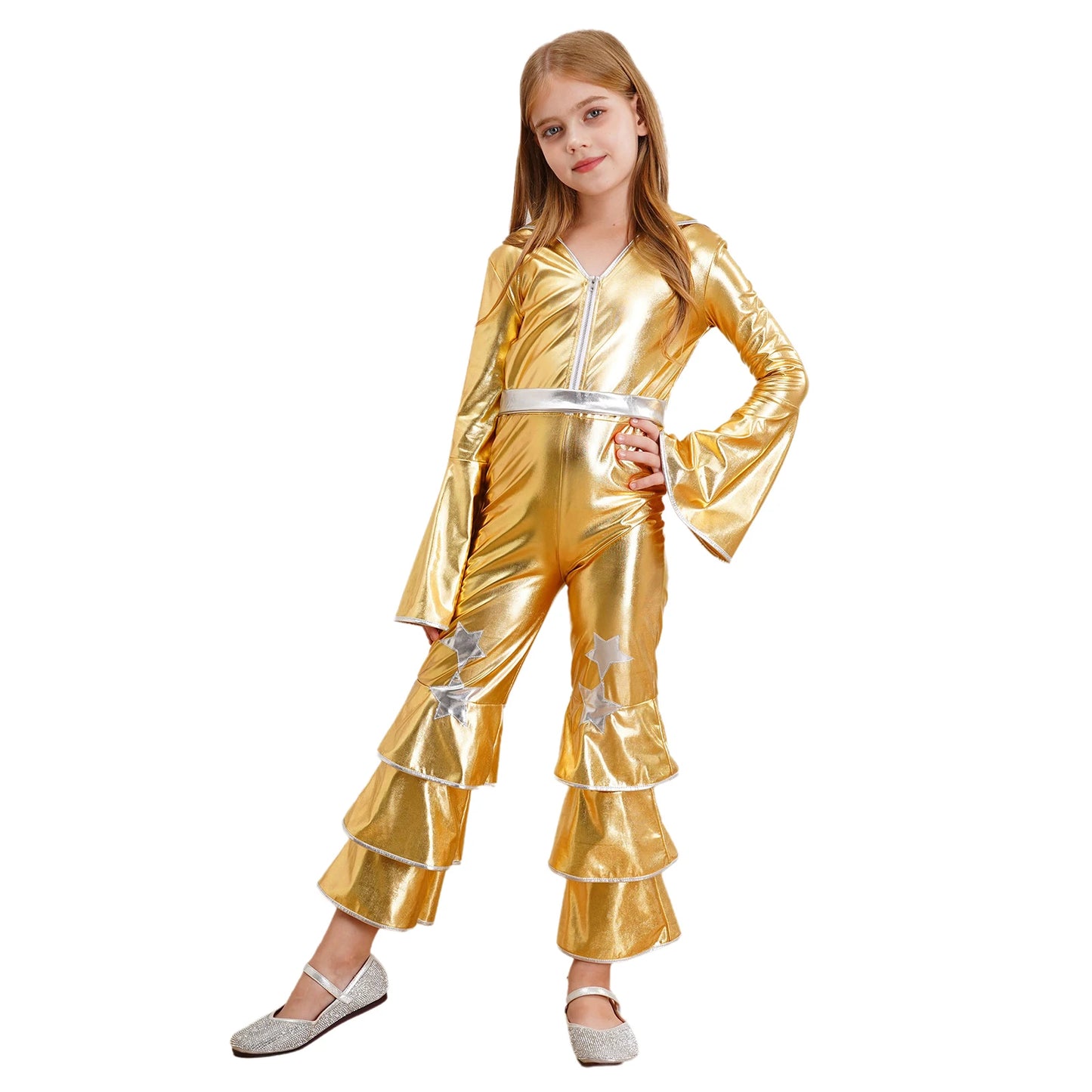 Kids Girls 70s 80s Disco Costume Metallic Flare Sleeve Ruffle Bell Bottom Jumpsuit Halloween Cosplay Funky Dancing Bodysuit