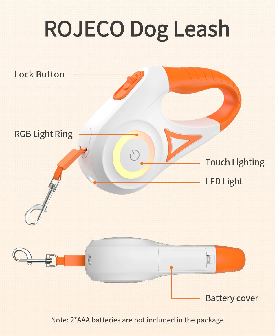 Rojeco 5m automatische einziehbare Hunde leine mit LED-Taschenlampe aus strap azier fähigem Nylon für Hunde verstellbares Laufs eil