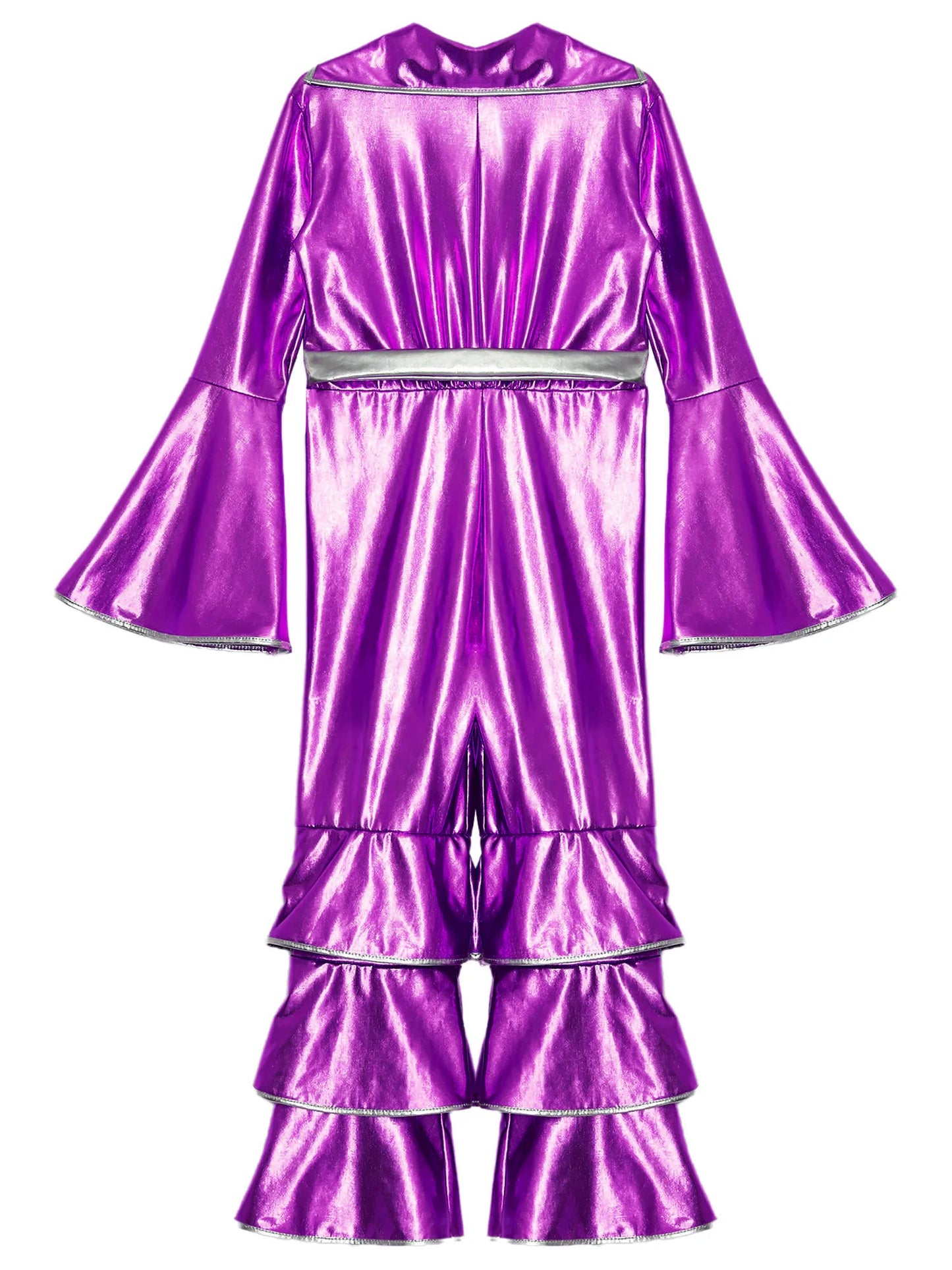 Kids Girls 70s 80s Disco Costume Metallic Flare Sleeve Ruffle Bell Bottom Jumpsuit Halloween Cosplay Funky Dancing Bodysuit