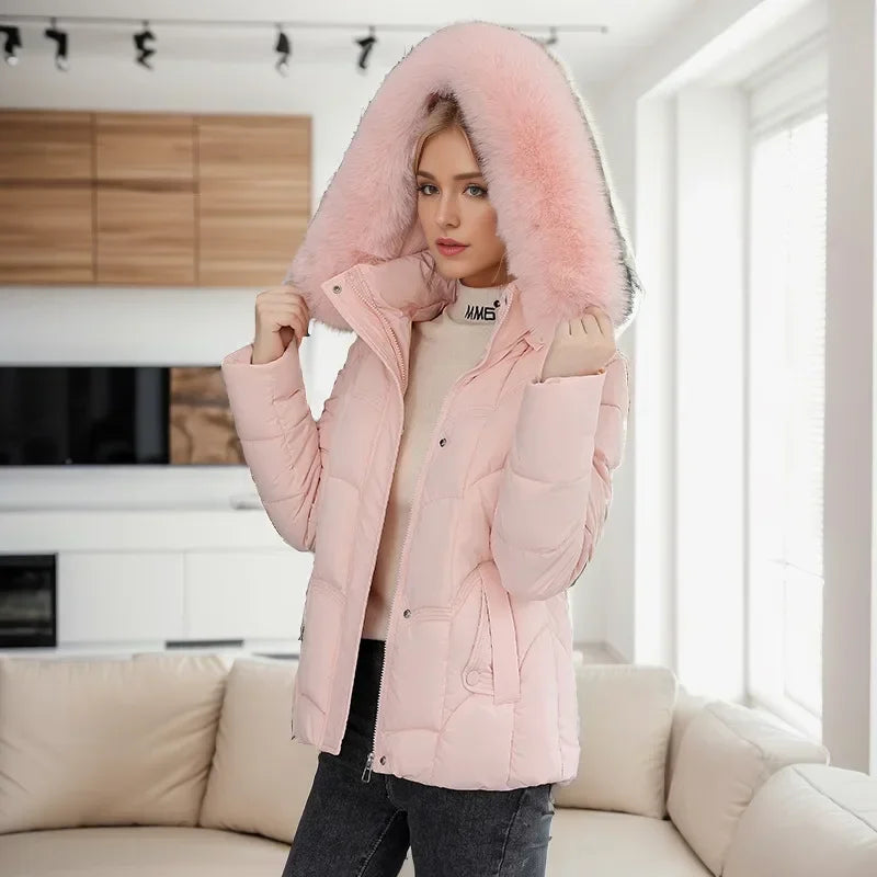 Winter 2024 Neue Daunenjacke Frauen Parkas Mode Hochwertige Warme Baumwolle Gefütterte Mantel Damen Kurzen Mantel Mit Kapuze Overwear Tops