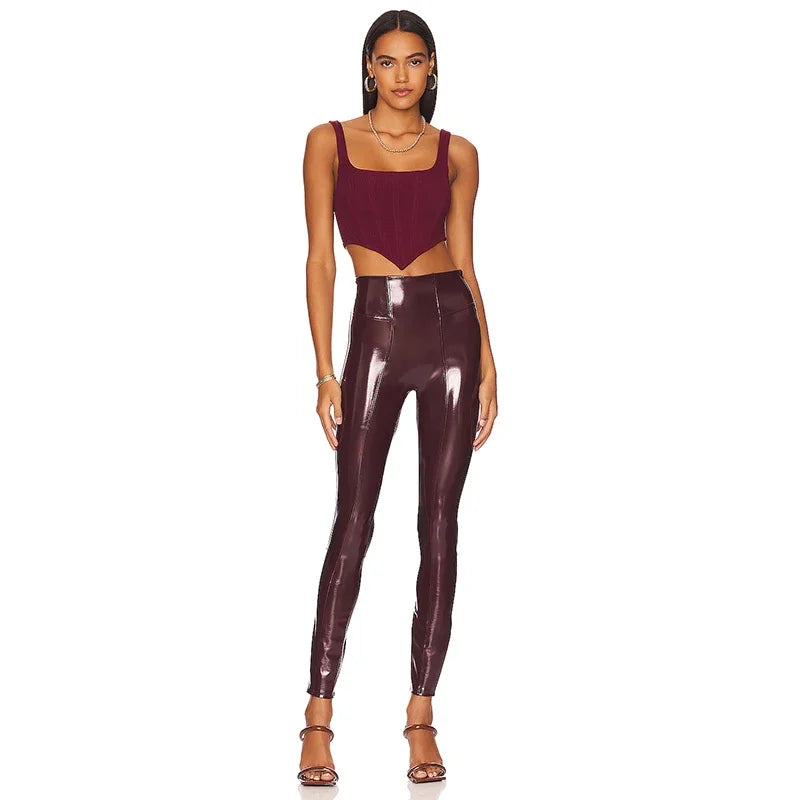 Faux Latex Hose mit hoher Taille Frauen glänzende Paten leder Leggings Damen schlanke Spleißen kurze Hosen Wettlook Clubwear benutzer definierte