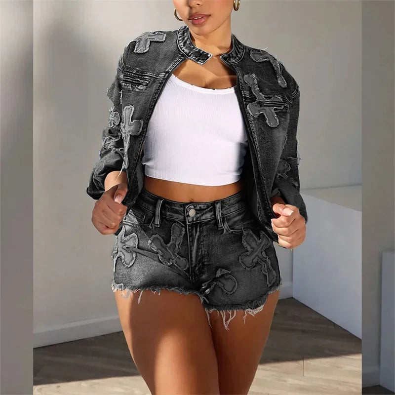 Frauen Vintage Stickerei Kreuz zweiteilige Sets Reiß verschluss Strickjacke Knopf Spleiß o Hals kurze Jacke weibliche Jeans anzüge Quaste Shorts