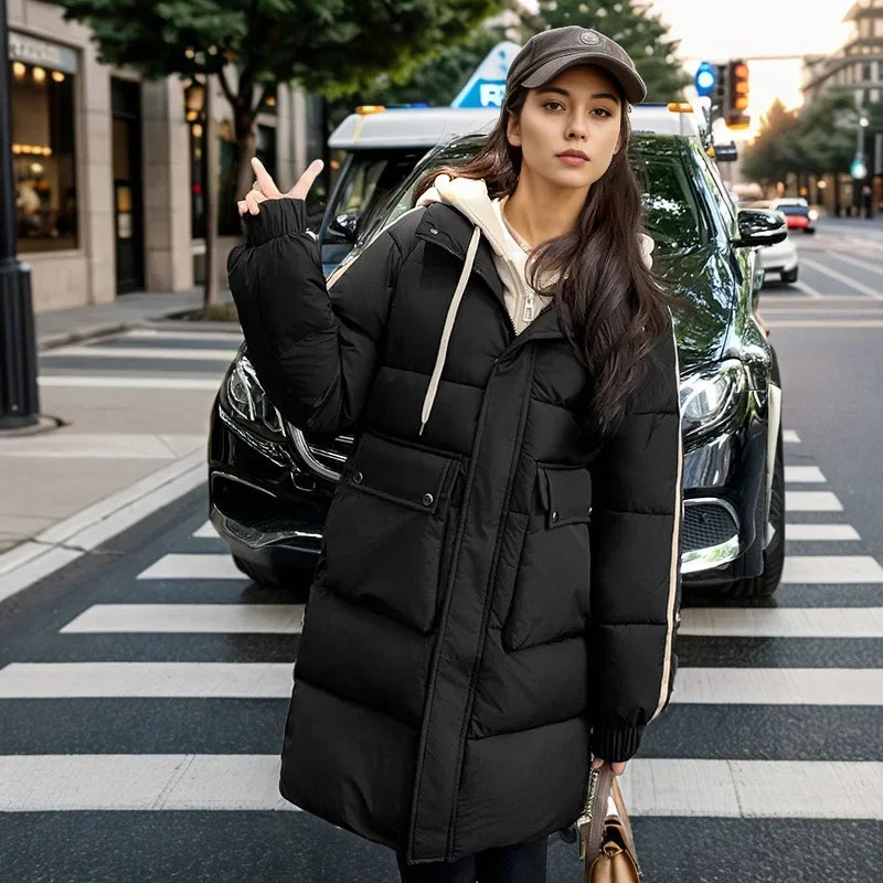 2024 Winter Women's Padded Jacket New Contrast Medium Long Fake Two Piece Down Cotton Jacket Female Hooded Casual Parkas Coats