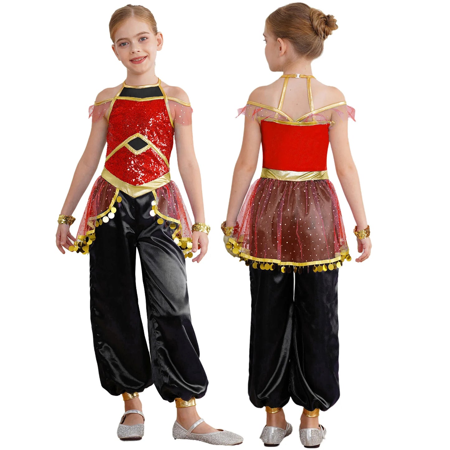 KIds Girls Arabian Princess Costume Indian Bollywood Belly Dance Jumpsuit Halloween Party Fairy Tale Pretend Play Fancy Dress