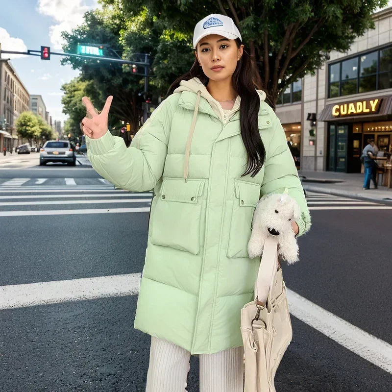 2024 Winter Women's Padded Jacket New Contrast Medium Long Fake Two Piece Down Cotton Jacket Female Hooded Casual Parkas Coats