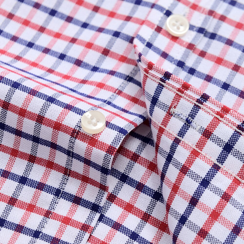 Men&#39;s Versatile Casual Checkered Oxford Cotton Shirts Single Pocket Long Sleeve Standard-fit Button Down Gingham Striped Shirt
