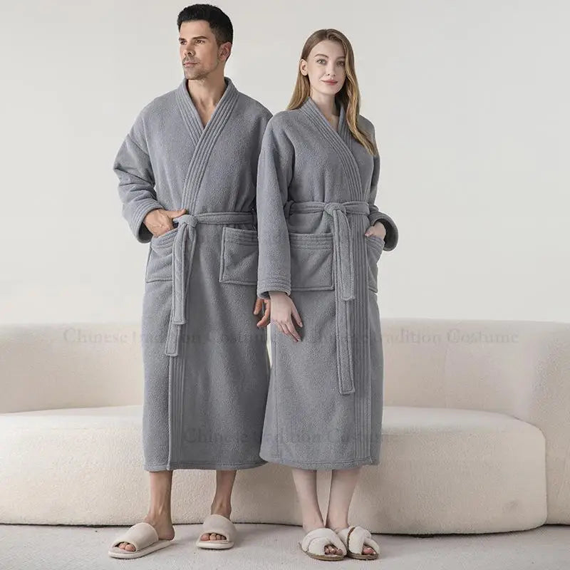 Verdickte warme Fleece-Duschroben, langer Kimono-Bademantel für Herren, lockere Nachtwäsche, Paar-Peignoir-Kleid mit Tasche, weiche Loungewear